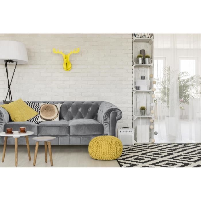 Canapé Chesterfield Velours Argent - MENZZO - 3 places - Gris - Elégance - Chic - Moelleux