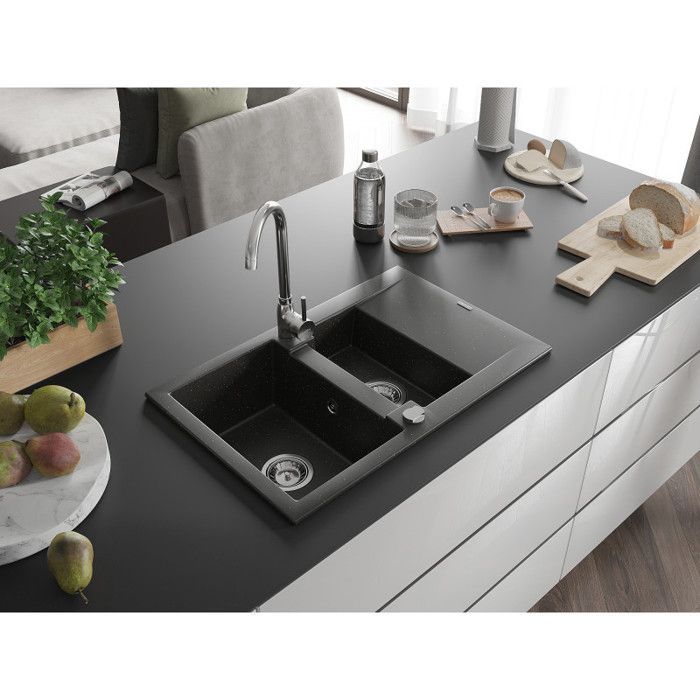 Mexen Gaspar évier en granit à 1,5 cuve avec un égouttoir court 737 x 475 mm, Noir/Or métallique - 6507731505-75