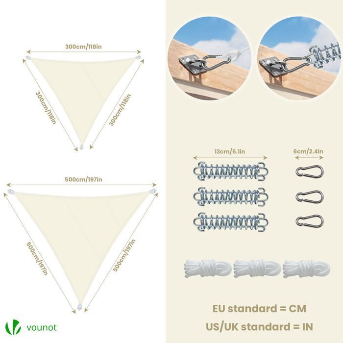 Vela de sombra triangular impermeável em poliéster VOUNOT® com kit de montagem 3x3x3m bege