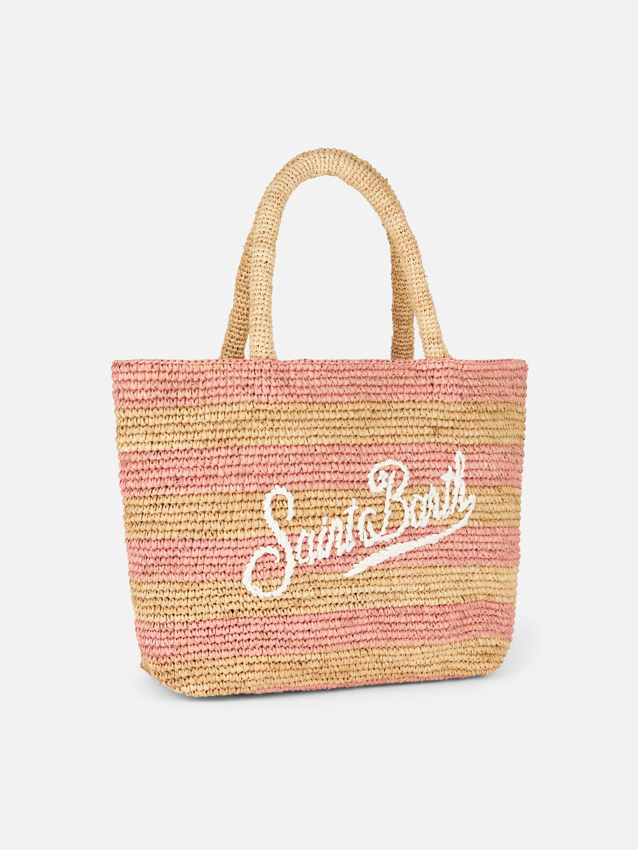 Roze gestreepte raffia midi strandtas met katoenen clutch