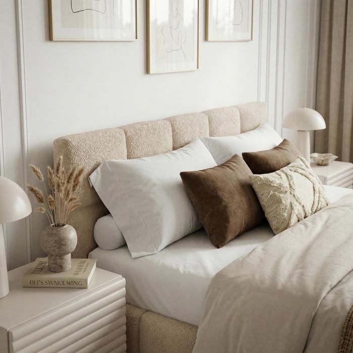 Cama doble CLOUDY, tapizada, 160 x 200 cm, tamaño Queen, color beige, confort óptimo con somier de láminas incluido.