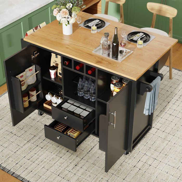 Isla de cocina con tablero abatible, 120 x 45 (73) x 92 cm, carrito de cocina con botellero, 2 cajones, 2 puertas - Negro