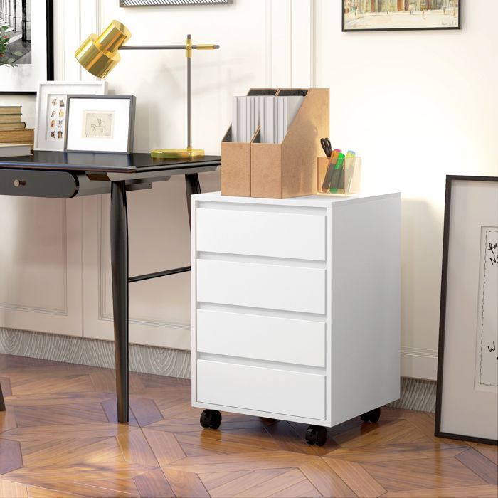 Office pedestal - HOMCOM - storage unit on casters with 4 sliding drawers - office furniture - wood - white wood finish