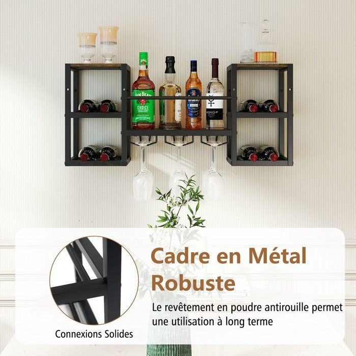 Botellero de pared COSTWAY, soporte para botellas con estante para copas de 3 niveles, estantes abiertos, botellero de pared