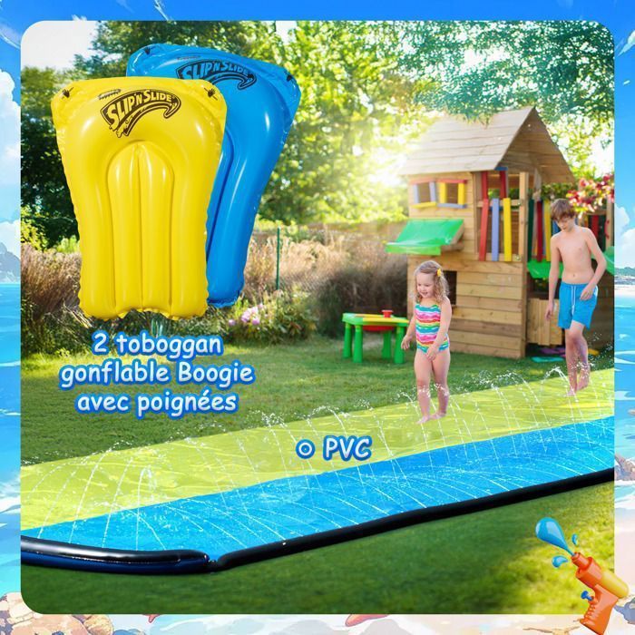 Toboggan Aquatique Wham-O Slip N Slide Double Wave Rider 548.6cm - Tapis De Glisse avec 2 Planches Gonflables - Enfants 5-12 Ans