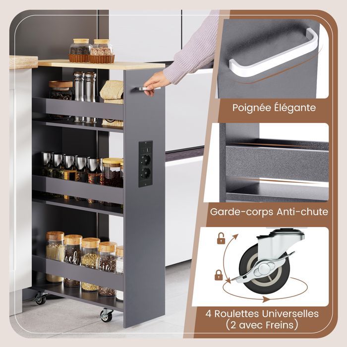 GIANTEX Desserte de Cuisine Étroit à Roulettes- 47,5x20x80,5cm- Station de Charge- Chariot de Service à 4 Niveaux- Naturel + Gris