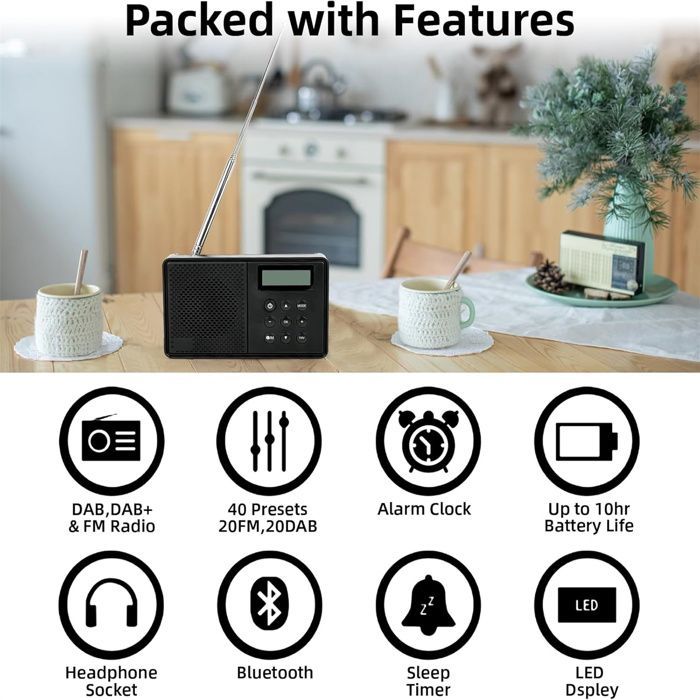 WOVTE Portable DAB+ Radio: Rechargeable FM digital radio with Bluetooth, mains or battery power, 40 presets