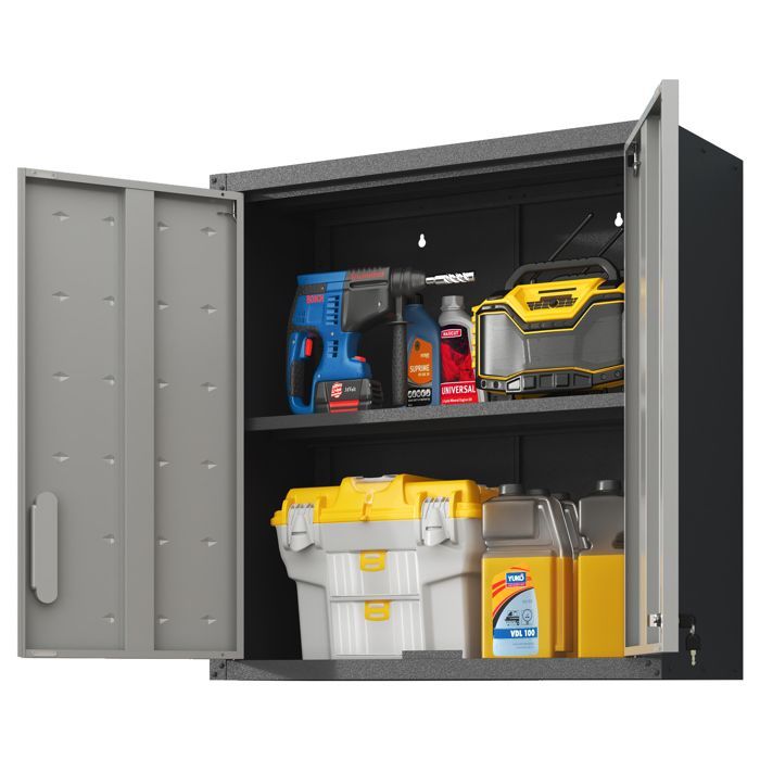 Armario metálico mural para herramientas - Mueble de almacenamiento para taller - 75x77x30 cm - 2 puertas con cerradura, estante ajustable, acero - Gris