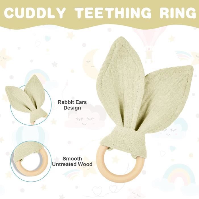Set van 3 babycadeausets voor meisjes en jongens - 100% zacht katoenen pluche speeltje, slabbetje en cadeauringset voor pasgeborenen (khaki)