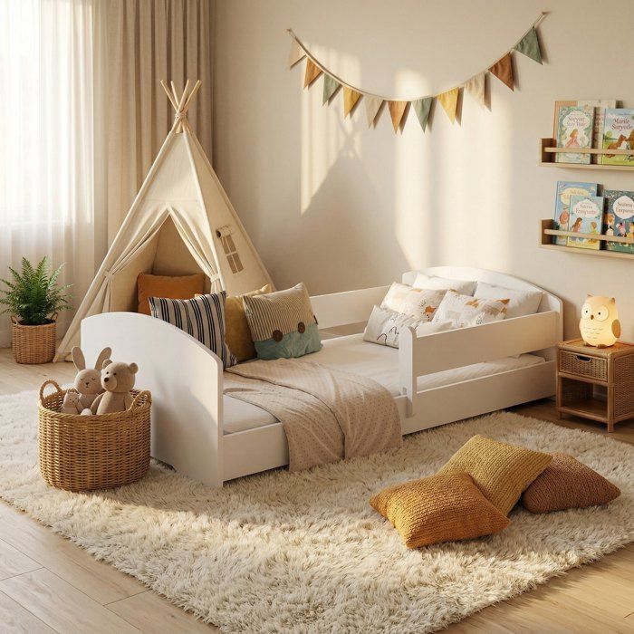 Cama infantil Montessori LEO de 140x70 cm con barandilla de seguridad – Cama baja para niños, color blanco.