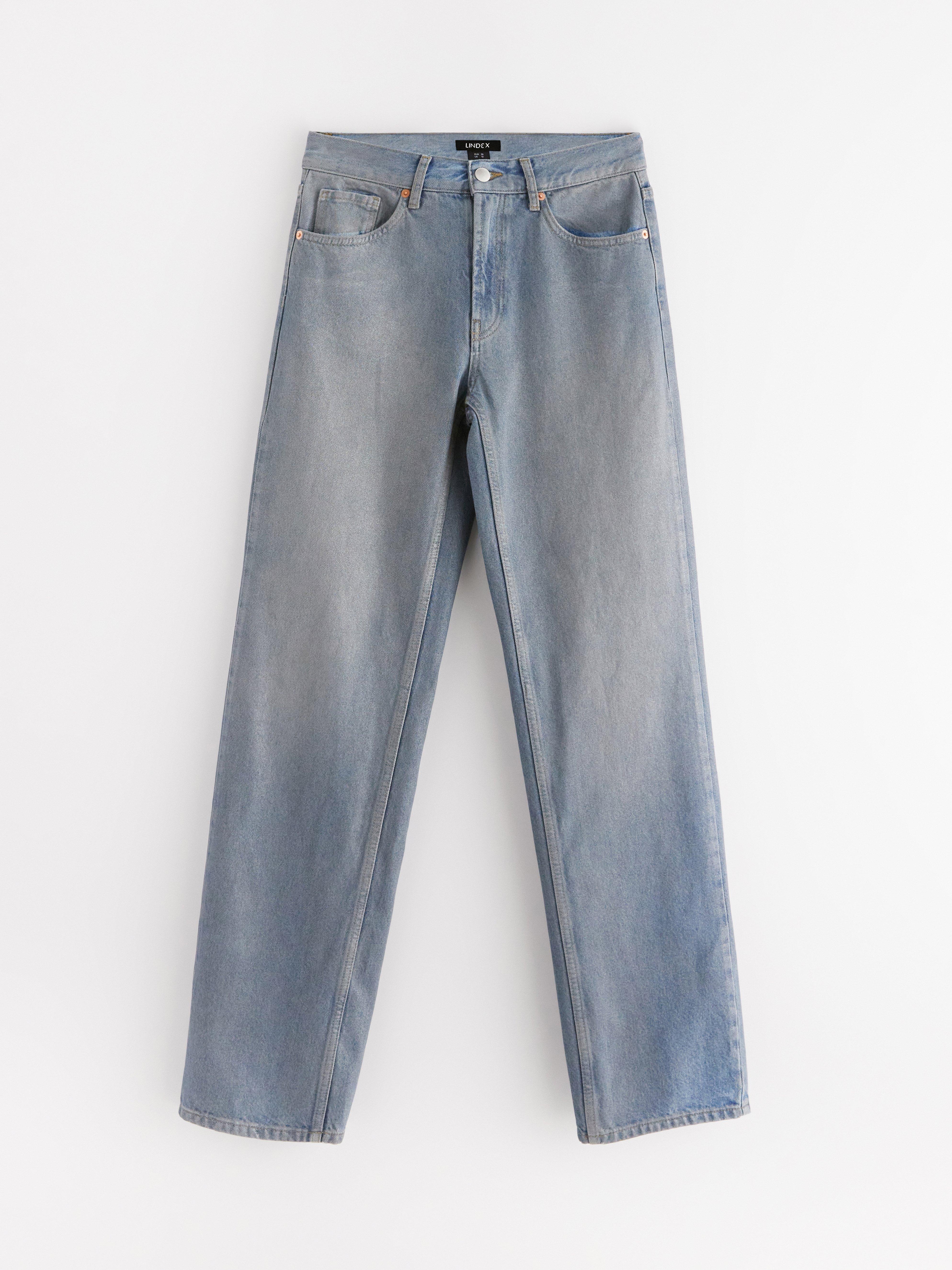 Calça jeans reta Sia extra longa com revestimento em denim azul.