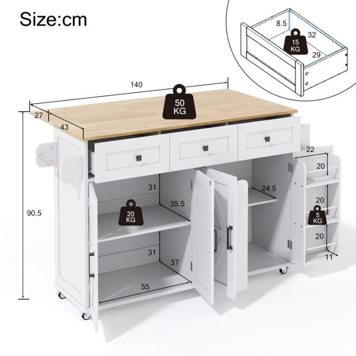Isla de cocina con 5 ruedas con freno, 4 puertas y 3 cajones. Mesa de comedor con servilletas. Color blanco. Medidas: 140 × 43-70 × 90,5 cm.