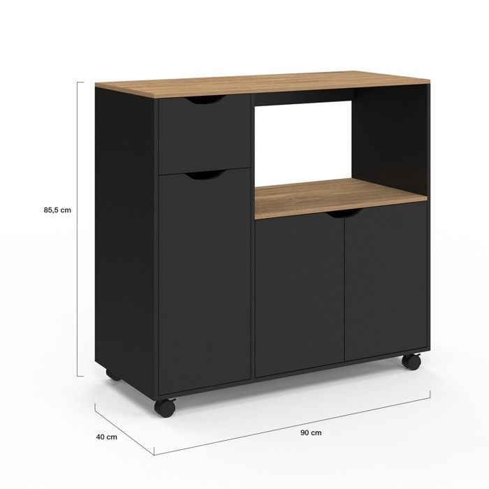 IDMARKET COSI XXL keukenwagen met magnetron, kastjes, zwarte houten lade en planken met beukenlook, 90 cm breed