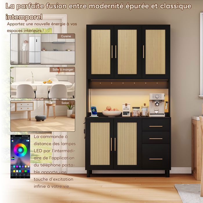 Credenza da cucina in vimini da 183 cm con illuminazione LED multicolore e porta USB, 3 cassetti, 5 ante e ripiani regolabili, colore nero.