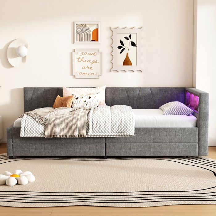 Banquette Lit Lin Gris 90x200 cm avec LED Télécommande, Prises USB Type-C, 2 Tiroirs et Rangement Tête de Lit, Canapé Convertible
