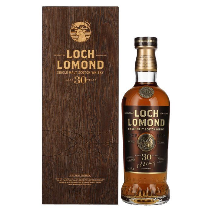 Whisky escocés Single Malt Loch Lomond de 30 años, 47% vol., 0,7 l en caja de madera.