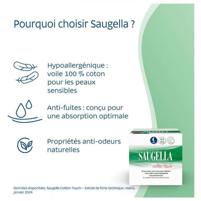 Serviettes hygiéniques - Saugella - Cotton Touch - Extra fines - Nuit - Lot de 2 avec ailettes