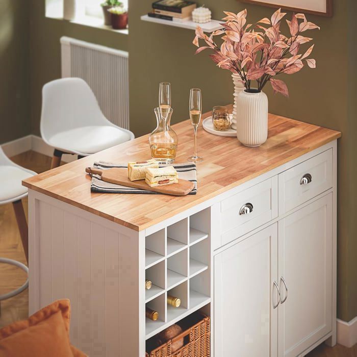 Isla de cocina SoBuy con botellero para 9 botellas, 2 cajones, 2 puertas, 2 cestas, mesa de bar de ratán, 120x56x90 cm