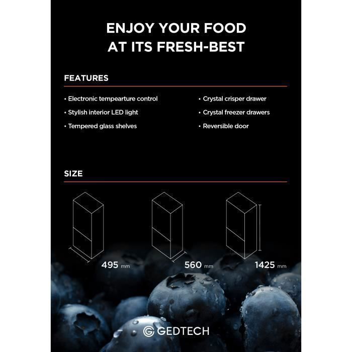 GEDTECH Bottom Freezer Fridge Freezer 173L GCB173SL - Height 143cm