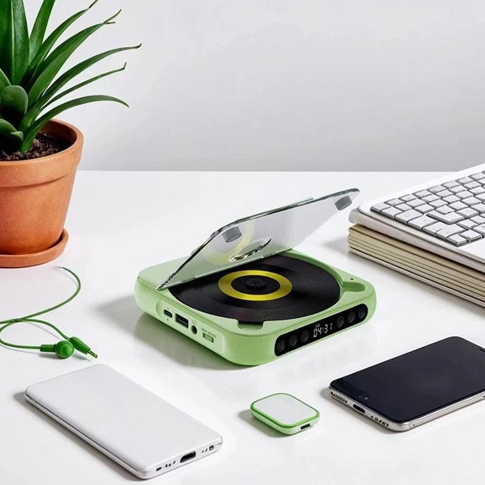 Lecteur CD Portable Bluetooth Ultra Fin - Lecteur CD/USB Rechargeable 2000mAh - Hi-Fi avec Haut-Parleur - Vert clair