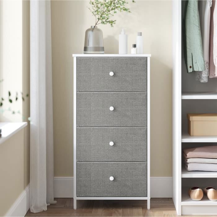 Cómoda de dormitorio de tela con 4 cajones, columna de almacenamiento, estructura metálica, gris claro y blanco.