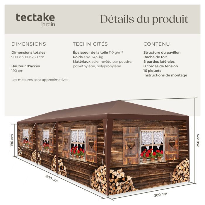 Tonnelle - TECTAKE - Pavillon ALMCHALET en polyéthylène et en acier 900 x 300 x 250 cm - Marron