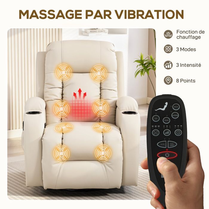 Sillón reclinable - HOMCOM - masaje y calefacción - respaldo ajustable, giro de 360°, reposapiés - PU - 82x99x103cm - crema