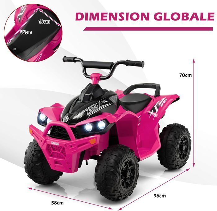 COSTWAY Quad Electrique pour Enfants 12V7Ah, LED, Musique, Klaxon, Roues Larges, pour Enfants 3 à 8 ans, 96 x 58 x 70 cm, Rose