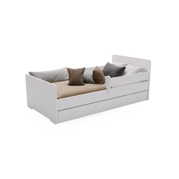 Komplettes Kinderbett 70 x 140 cm (max.) mit Lattenrost, Schutzgitter, Schublade und Matratze für Mädchen und Jungen – Einzelbett – WEISS
