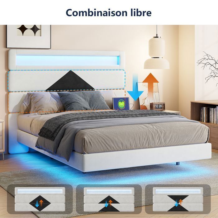 Lit Double 140x190 - Flottant Intelligent - LED RGB - Prise USB - Tête de lit Velours