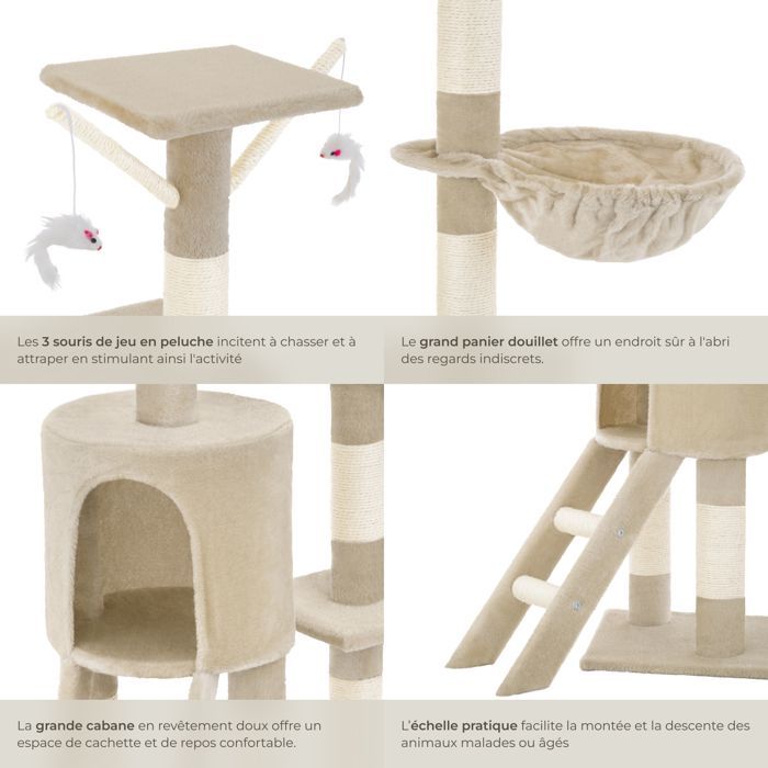 Arbre à chat - TECTAKE - Mobilier pour chat DOMINIQUE 142 cm de hauteur avec griffoir, hamac et jouets - Beige