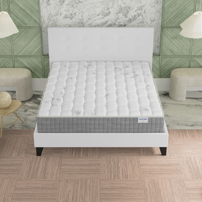 Colchón y cama (140x200cm) - Galicia 25cm Muelles ensacados y espuma viscoelástica + Base de láminas y cabecero tapizados en blanco