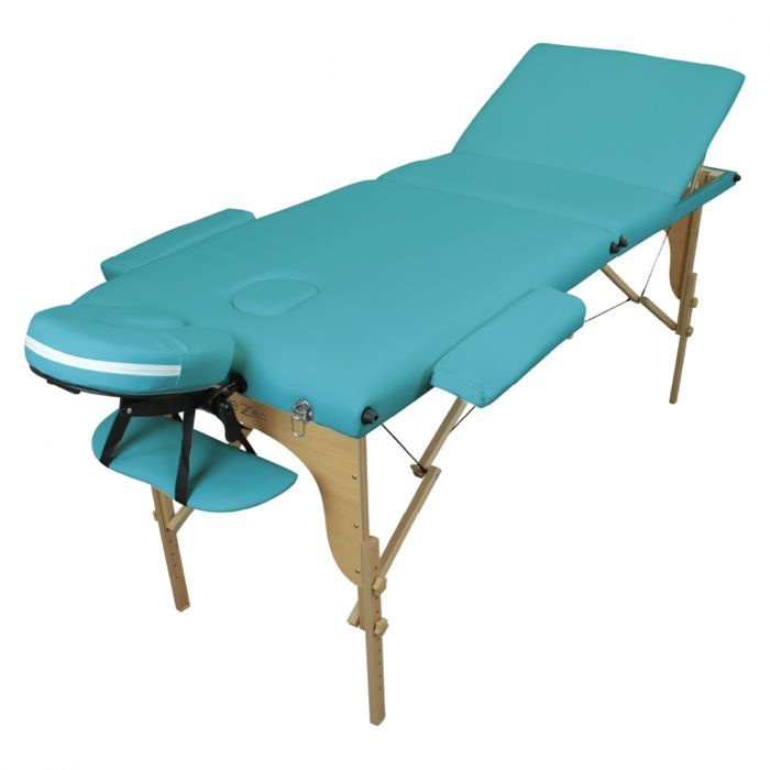 Folding 3-section wooden massage table with Reiki panel + Accessories and carrying case - Turquoise blue - Vivezen