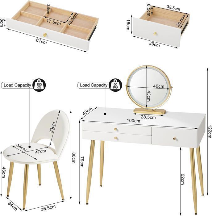 Tocador WOLTU con espejo LED ajustable y silla de terciopelo, mesa de maquillaje con 3 cajones, color crema y dorado W0ETT0047