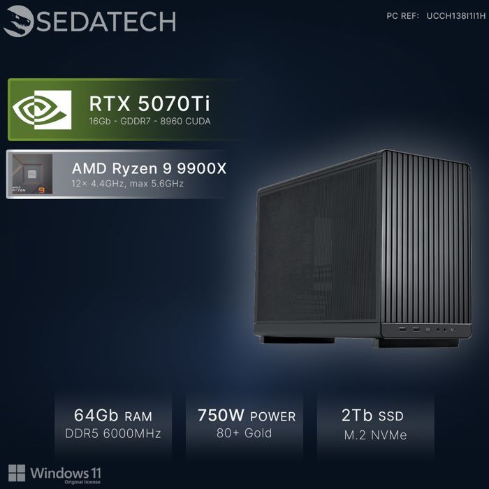 Sedatech Mini-PC Gamer Micro ATX • AMD Ryzen 9 9900X • RTX5070Ti • 64Go DDR5 • 2To SSD M.2 • Windows 11