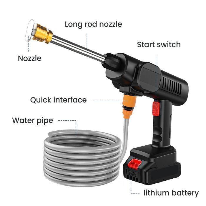 Idropulitrice a batteria da 60 bar con generatore di schiuma per Makita, alimentata a batteria da 18 V - 2 batterie incluse.