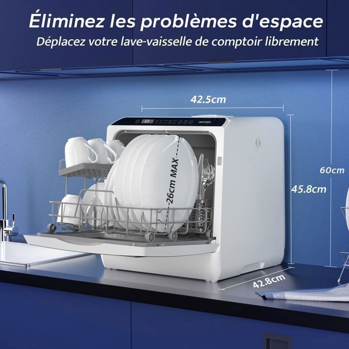 AIRMSEN Mini Lave-Vaisselle de table 4 Couverts, Sans Raccordement, 7 Programmes, Réservoir 5L, Compact 42cm pour Studio/Cuisine