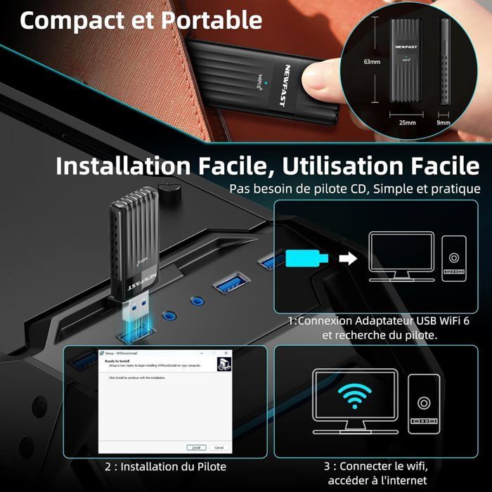 Clé WiFi (adaptateur USB) - 1001 PILES BATTERIES - AX3000 - WiFi 6 (802.11ax) - Bi‑bande 2,4/5 GHz - USB 3.0, MU‑MIMO