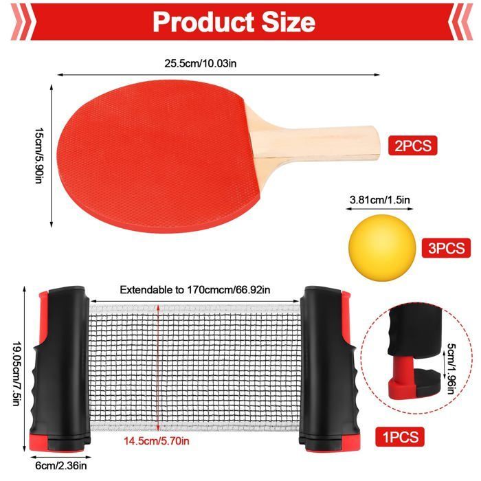Juego profesional de raquetas de ping-pong: 2 raquetas de tenis de mesa + 3 pelotas de ping-pong + bolsa + red retráctil
