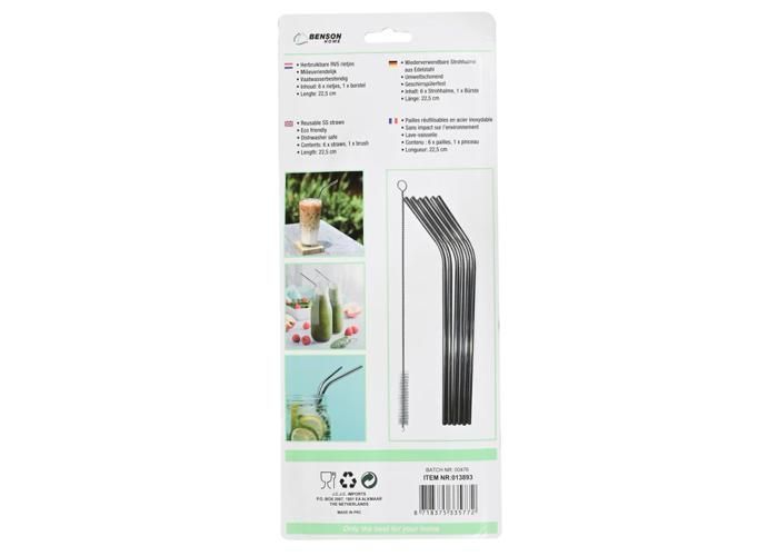Wiederverwendbarer Edelstahlstrohhalm, 6 gebogene Strohhalme à 22,5 cm + Reinigungsbürste