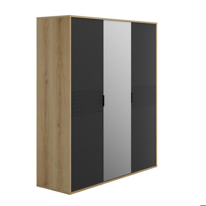 Armoire 3 portes effet bois noir mat avec miroir central