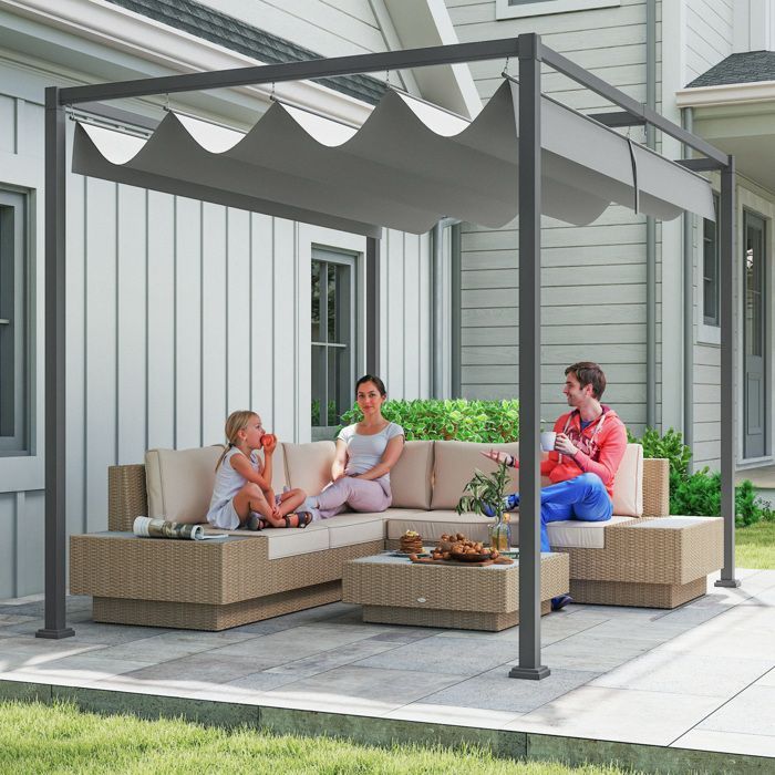 Pérgola corredera retráctil Outsunny - Estructura resistente a la corrosión, tejido de alta densidad de 180 g/m² - Metal - 3 x 2 m - Gris