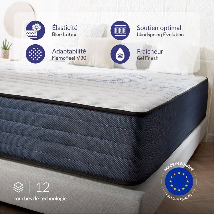 Colchão Dream Komfort 180x200 cm - Molas ensacadas + Látex + Espuma viscoelástica de alta resiliência - Suporte médio-firme, 7 zonas - 30 cm de espessura