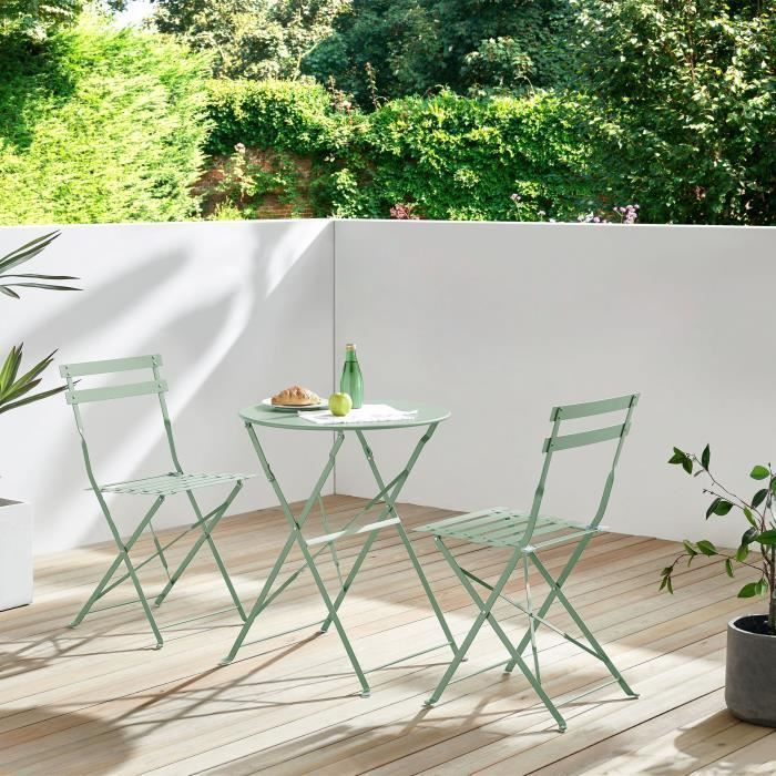 Conjunto de bistró ELORA - Conjunto de comedor de jardín - Mesa plegable de 60 cm + 2 sillas plegables - Acero con recubrimiento en polvo - Verde - Para 2 personas