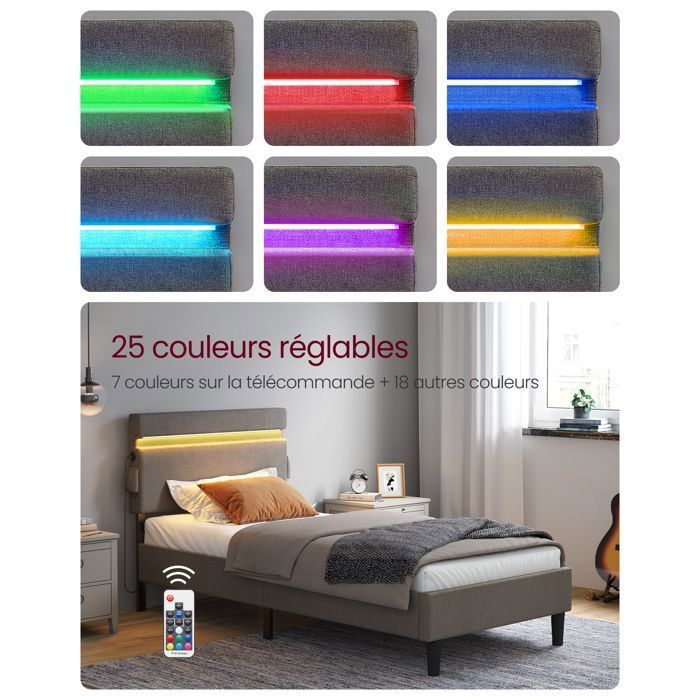 VASAGLE Lit Simple en Métal, 90 x 190 cm, Cadre de Lit, Tête de Lit Réglable, Éclairage LED, Prise Port USB et Type-C, Gris Foncé