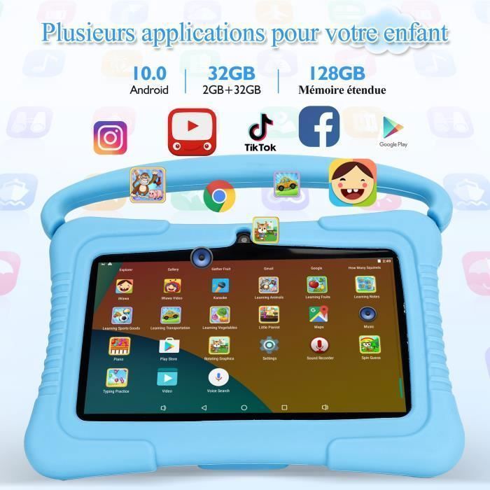 Veidoo Tablette pour Enfants, 7'' Android Tablet PC 2 Go RAM 32 Go ROM, Écran Tactile HD IPS, Contrôle Parental, Éducative (Bleu)
