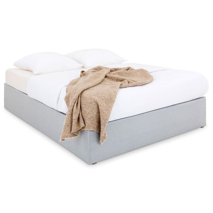 Base de cama tapizada MAYA de 160 x 200 cm, estructura de madera y revestimiento de tela gris, estructura de cama de matrimonio con patas.