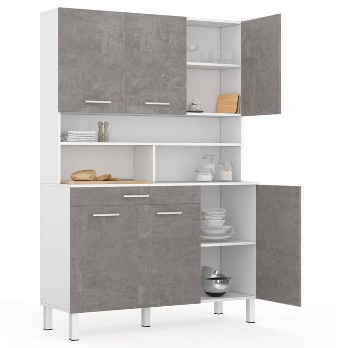 IDMARKET Buffet de cuisine 120 CM CINA 6 portes + tiroir blanc et effet béton