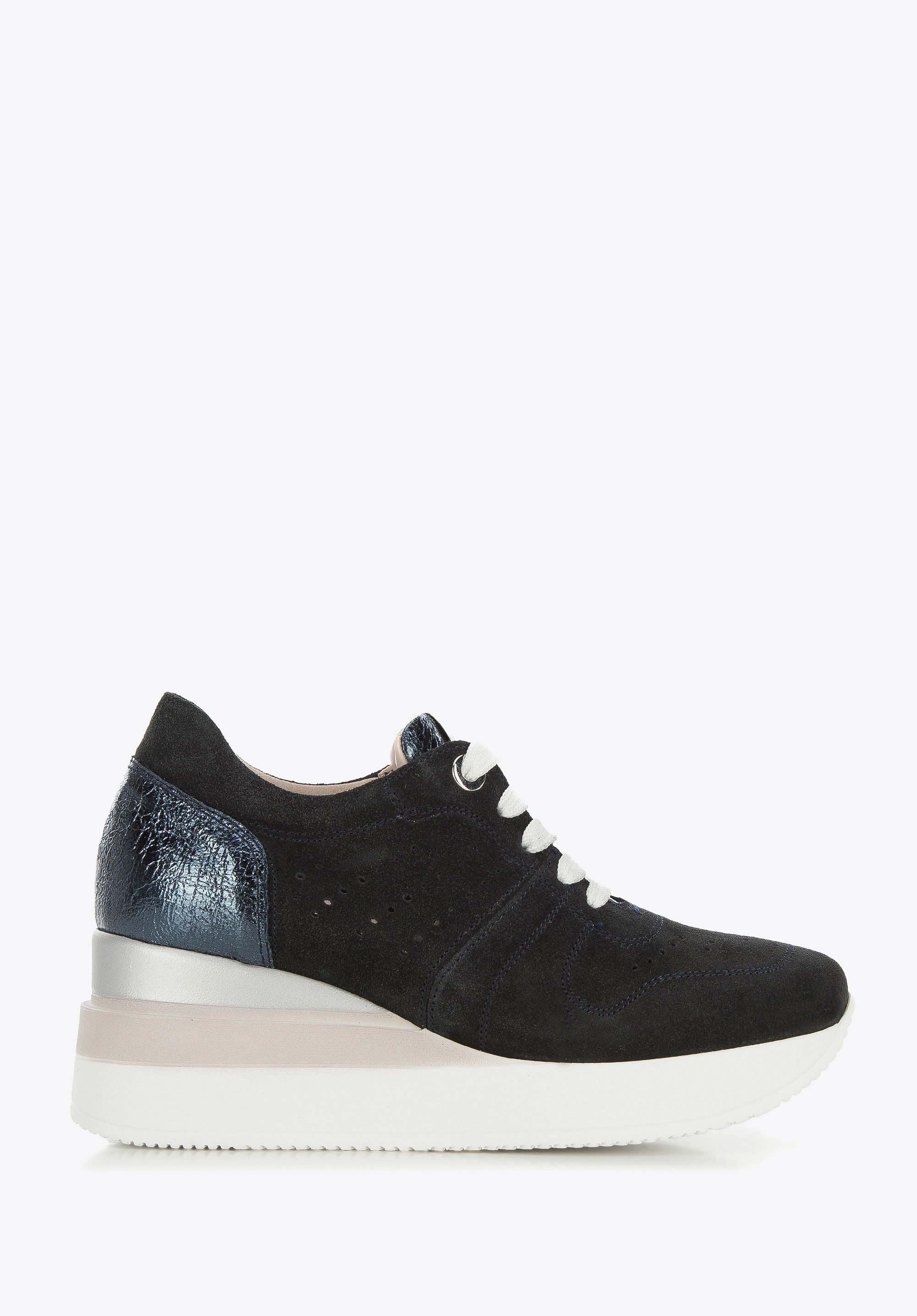 Damskie sneakersy zamszowe na koturnie w pasy ciemny granat
