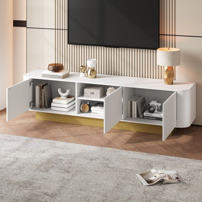 Mueble de TV moderno blanco de 170 x 40,5 x 47 cm. Mueble bajo para TV con 3 puertas de almacenamiento y estantes ajustables. Diseño redondeado.